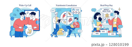 Vector illustration showcasing three scenes: a morning wake-up routine with an alarm, a nutritionist consultation, and meal preparation day with a focus on healthy meal planning. Vector illustration showcasing three scenes: a morning wake-up routine with an alarm, a nutritionist consultation, and meal preparation day with a focus on healthy meal planning. 128010199