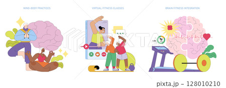 Vector illustration depicting mind-body practices with diverse individuals engaging in yoga and virtual fitness classes. The image highlights brain fitness integration and health. Vector illustration depicting mind-body practices with diverse individuals engaging in yoga and virtual fitness classes. The image highlights brain fitness integration and health. 128010210