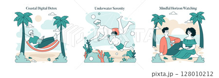 Three-part vector illustration showing diverse relaxation activities: reading in a hammock by the beach, swimming underwater amidst coral, and a couple enjoying a serene sunset by the shore. Three-part vector illustration showing diverse relaxation activities: reading in a hammock by the beach, swimming underwater amidst coral, and a couple enjoying a serene sunset by the shore. 128010212