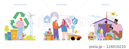 Vector illustration depicting three concepts: zero waste lifestyle with recycling bins, sharing economy with two people shaking hands near a car, and a garage sale with people exchanging goods under a 128010220