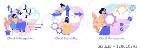 Vector illustrations showcasing cloud technology concepts with AI integration, scalability solutions, and management strategies. Features people interacting with digital elements. 128010243