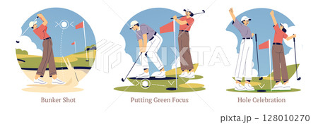 Vector illustration showing three golf actions: a player executing a bunker shot, another focusing on putting, and two golfers celebrating with raised hands after a successful putt. 128010270