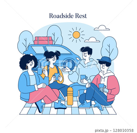 Roadside Rest concept. Group of friends enjoying a picnic break on a road trip. Sitting, chatting, and drinking beside their car under sunny skies. 128010358