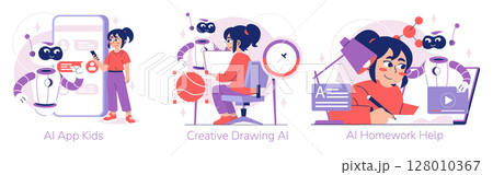 Vector illustration depicts kids interacting with AI for learning and creativity. In one scene, a child uses an AI app, another participates in AI-assisted drawing, and homework help. 128010367