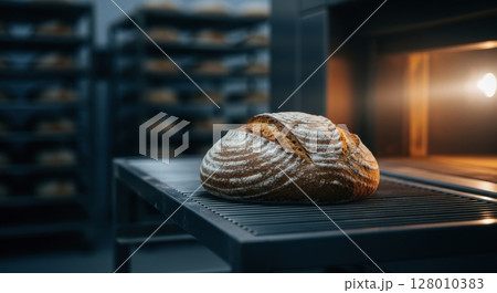 Unbaked rustic sourdough loaf on metal rack ready for baking in industrial bakery oven 128010383