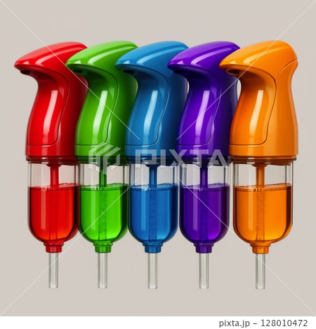 Five sleek colorful liquid dispensers with vibrant red, green, blue, purple, and orange liquids 128010472