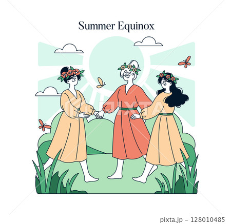 Three women, dressed in festive clothing with flower crowns, hold hands and dance in a circle outdoors during the summer equinox. Vector illustration captures joy and harmony. Three women, dressed in festive clothing with flower crowns, hold hands and dance in a circle outdoors during the summer equinox. Vector illustration captures joy and harmony. 128010485