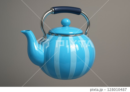 Bright blue striped teapot with glossy finish and silver handle for hot beverages 128010487
