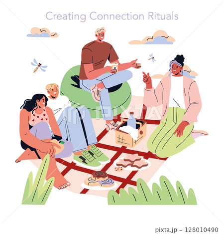 Friends enjoy a casual outdoor picnic, engaging in conversations and sharing snacks, depicting modern social interactions. 128010490