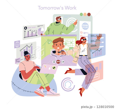 Tomorrow Work concept. Digital professionals use virtual reality, data visualization, and remote collaboration tools in a flexible environment fostering productivity and seamless communication. Vector 128010500