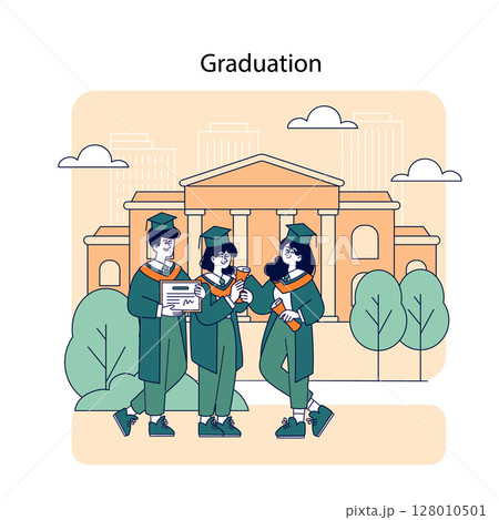 Graduation concept. Illustration of three happy students in graduation robes and caps, holding diplomas in front of a university. 128010501
