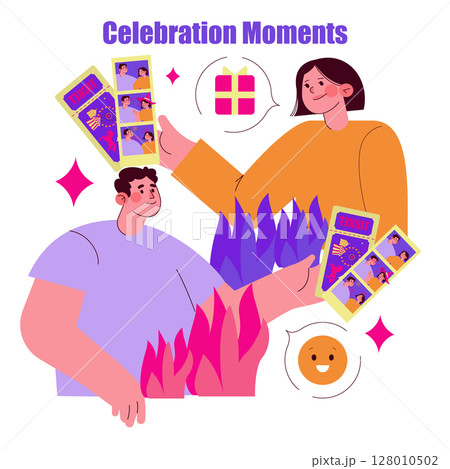 Vector illustration of two friends exchanging photo booth strips during a celebration. The image highlights joy and friendship with added gift elements, emphasizing a festive atmosphere. Vector illustration of two friends exchanging photo booth strips during a celebration. The image highlights joy and friendship with added gift elements, emphasizing a festive atmosphere. 128010502