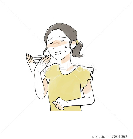 暑くて手で顔をあおぐ女性のイラスト 128010623