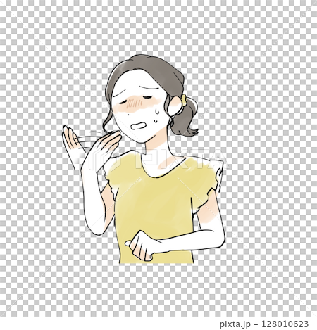Illustration of a woman fanning her face with her hand because it's hot 128010623