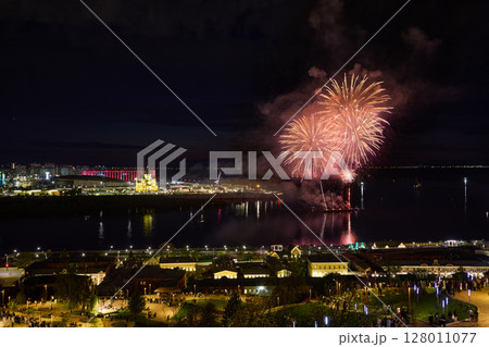Colorful Fireworks Over Strelka - Alexander Nevsky Cathedral. 9 May Colorful Fireworks Over Strelka - Alexander Nevsky Cathedral. 9 May 128011077