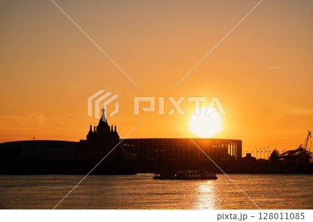 Sunset Silhouette of Alexander Nevsky Cathedral in Nizhny Novgorod 128011085