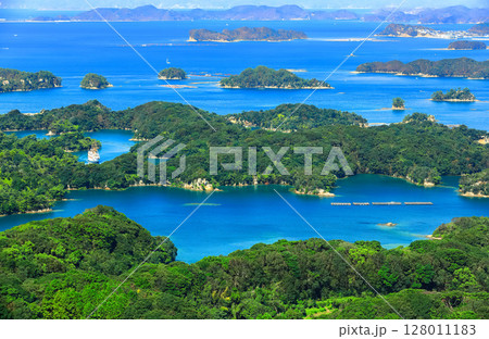【長崎県】晴天下の九十九島と遊覧船(佐世保 展海峰) 【長崎県】晴天下の九十九島と遊覧船(佐世保 展海峰) 128011183