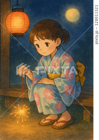 線香花火と浴衣の少女の夏の夜 線香花火と浴衣の少女の夏の夜 128011321