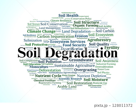 Soil Degradation Word Cloud. Key Concepts in Land Decline and Restoration Challenges 128011372