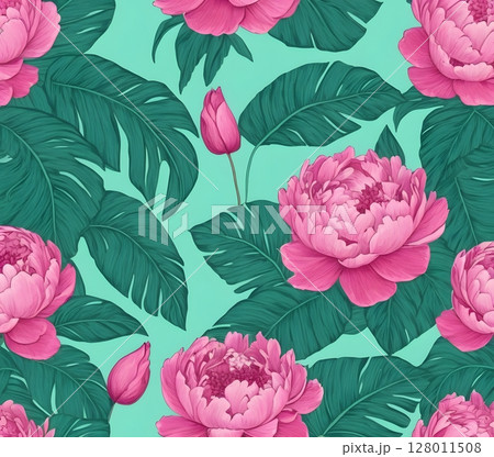Seamless Pattern with Peonies and Banana Leaves. Perfect for textile design, wrapping paper Seamless Pattern with Peonies and Banana Leaves. Perfect for textile design, wrapping paper 128011508