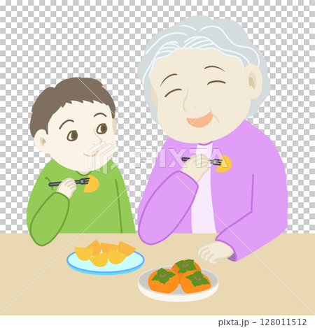 敬老日_祖母和孫子吃柿子 敬老日_祖母和孫子吃柿子 128011512