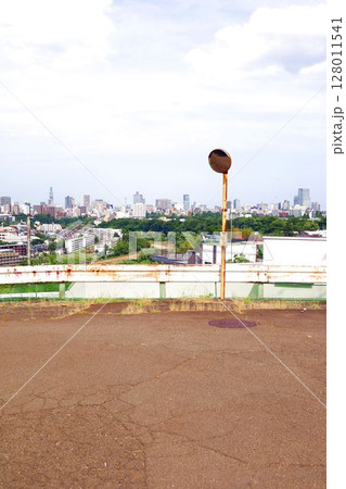 夏の古いカーブミラーと仙台の市街地を丘から望む 夏の古いカーブミラーと仙台の市街地を丘から望む 128011541