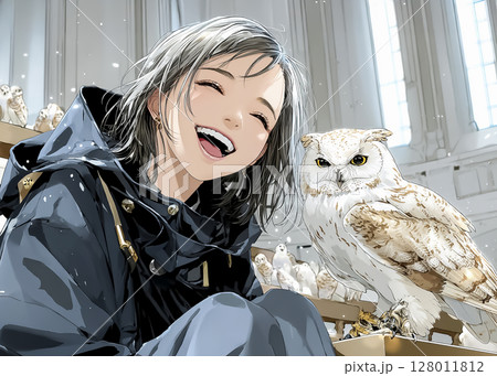 フクロウカフェで梟と戯れる女性のイラスト素材 128011812