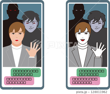 スマホのSNSで若い男性に、なりすますロマンス詐欺犯罪組織のイメージ。 スマホのSNSで若い男性に、なりすますロマンス詐欺犯罪組織のイメージ。 128011962