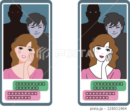 スマホのSNSで若い女性に、なりすますロマンス詐欺犯罪組織のイメージ。 スマホのSNSで若い女性に、なりすますロマンス詐欺犯罪組織のイメージ。 128011964