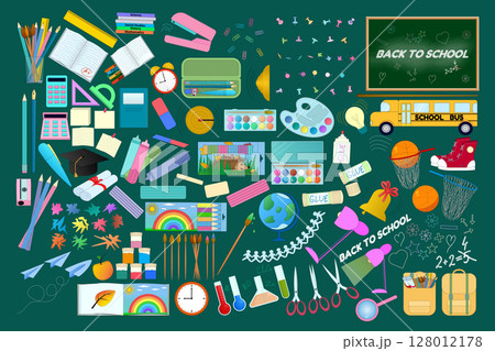 Big colorful flat cartoon vector collection. Set of back to school supplies, stationery and classroom items illustration on green background. For education visual, and educational theme or decor. 128012178
