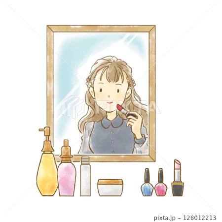 化粧する女性とコスメグッズの水彩風ベクター 128012213