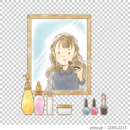 化粧する女性とコスメグッズの水彩風ベクター 128012213