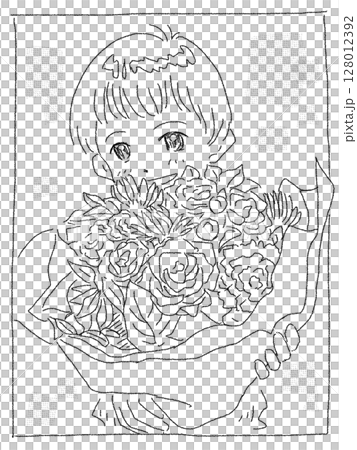 拿著一束花的孩子，黑色和白色 128012392