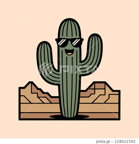 Cool Cactus in Desert with Sunglasses Cartoon Illustration Cool Cactus in Desert with Sunglasses Cartoon Illustration 128012502