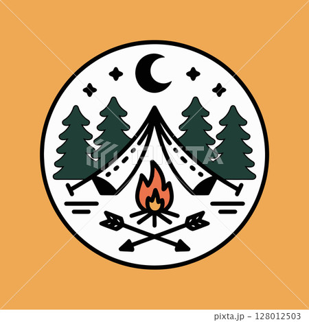 Camping Tent Bonfire Forest Night Adventure Badge Illustration	 128012503