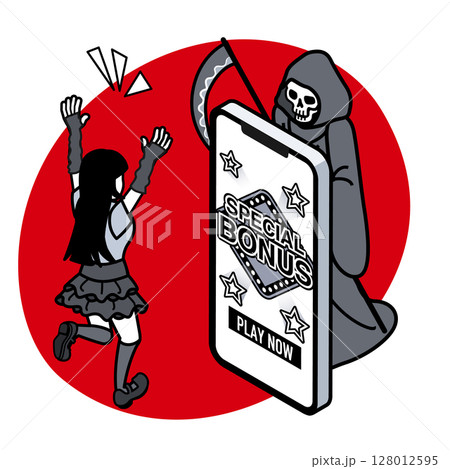 オンラインカジノ　スマートフォンのボーナス画面を見て喜ぶ女性と見つめる死神 128012595