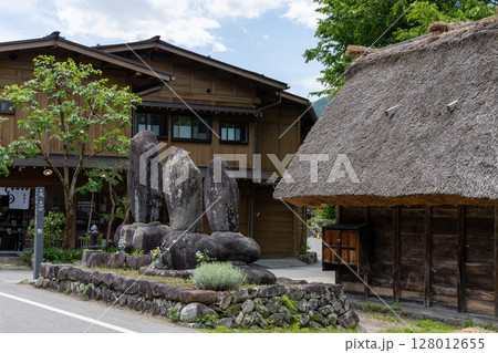 白川郷の茅葺き屋根の古民家と木造建築、道沿いに並ぶ石像と新緑 128012655