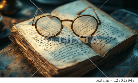 A pair of vintage gold-rimmed spectacles resting on a weathered open journal. 128012948
