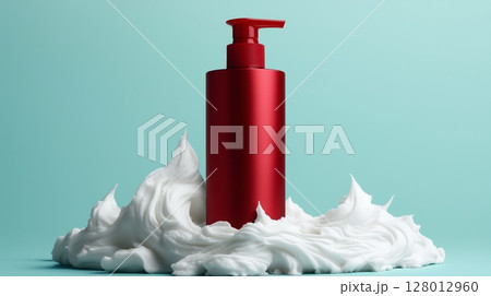 A red matte metal cylinder body wash bottle with whip cream around the base of the product. 128012960