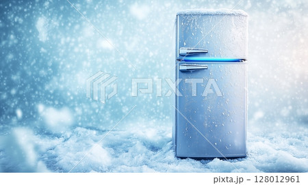 A silver gray refrigerator with an ice and snow lake surface on the background.  128012961