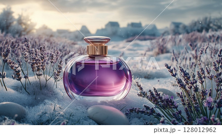 A purple glass perfume bottle, standing on a snowy meadow with blooming lavender flowers. 128012962