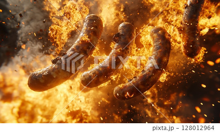 Delicious sausages being cooked with a stunning fire background.  128012964
