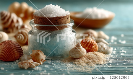 Jar of sea salt with seashells and sand around.  128012965