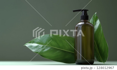 The minimalist design of the shampoo bottle with a large plant leaf.  128012967