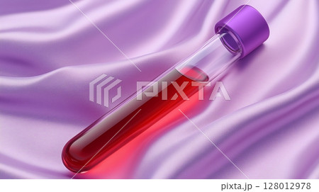 A test tube with red liquid and a purple cap hovering on a light purple satin fabric background.  128012978