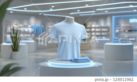 A t-shirt with mannequin placed on podium, isolated store background. 128012982
