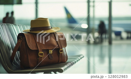 A vintage travel bag sitting on a modern airport lounge chair with a classic hat. 128012983