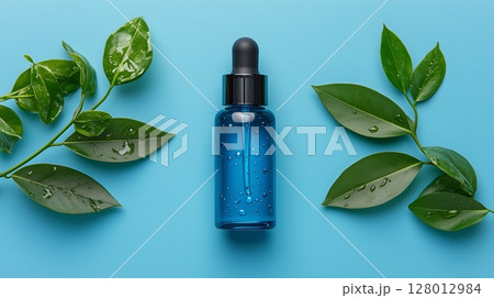 A blue skincare product, surrounded by water droplets, set against an elegant light blue background 128012984
