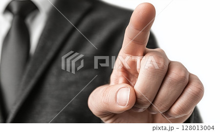 A businessman in a suit touching a finger on a virtual screen, isolated over a light gray background. 128013004