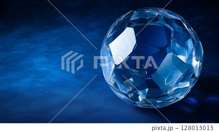 Crystal soccer ball on a dark blue background with the bright light on the edges.  128013013